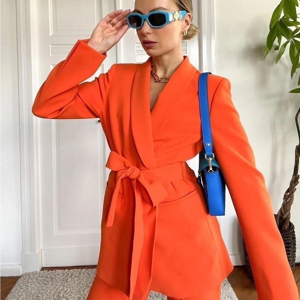 Zara Orange Belted Tuxedo Blazer & Pants Set – Blazer L / Pants XL - Picture 8 of 15